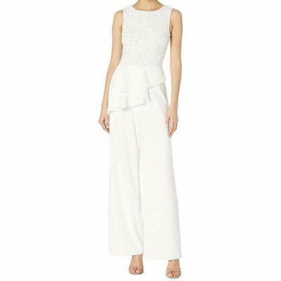 Adrianna Papell Sleeveless Beaded Bodice Knit Crepe Jumpsuit Peplum Ivory 16