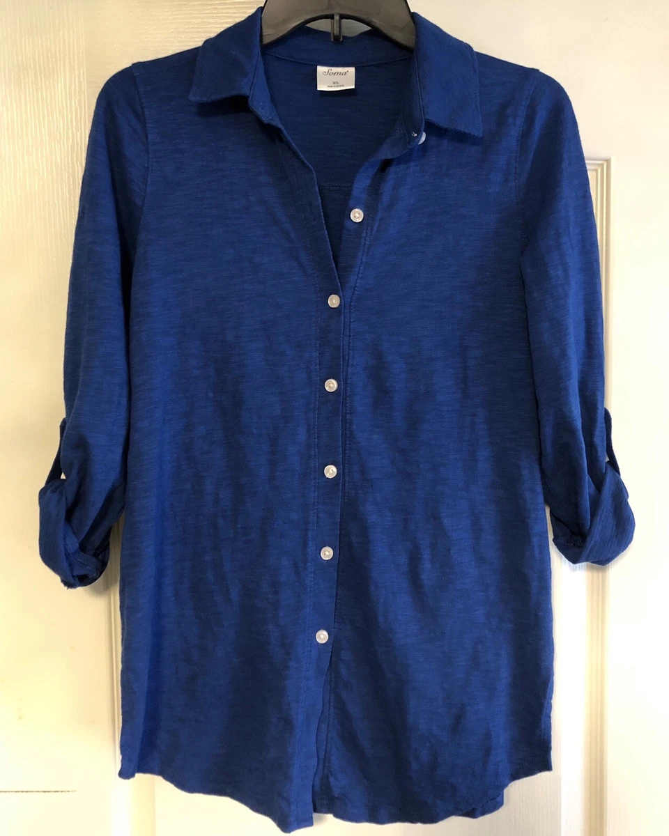 Soma Size XS Small Blue 3/4” Sleeve Slub Collar Button Down Modal