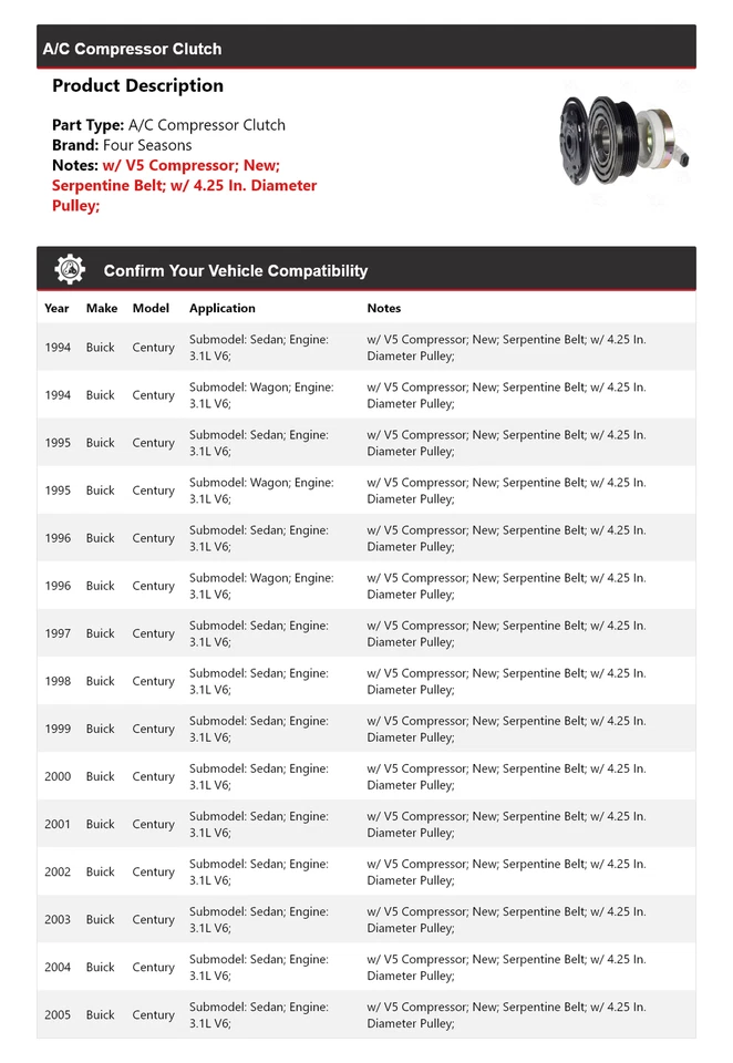 Embrague compresor aire acondicionado V6 3,1 L Buick Century 1994-2005 4 estaciones 1995 1996 Foto 2 de 4