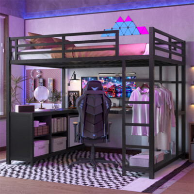 Full Size Metal Loft Bed with Wardrobe,L-shaped Desk,Storage Cubes and Shelves