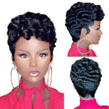 Short Curly Bob Pixie Cut Full Machine Made No Lace Human Hair Wigs With Bang