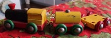 Vntg 3-Piece Wood SMALL Bright Colored Train Set Wheels Turn Metal Accents