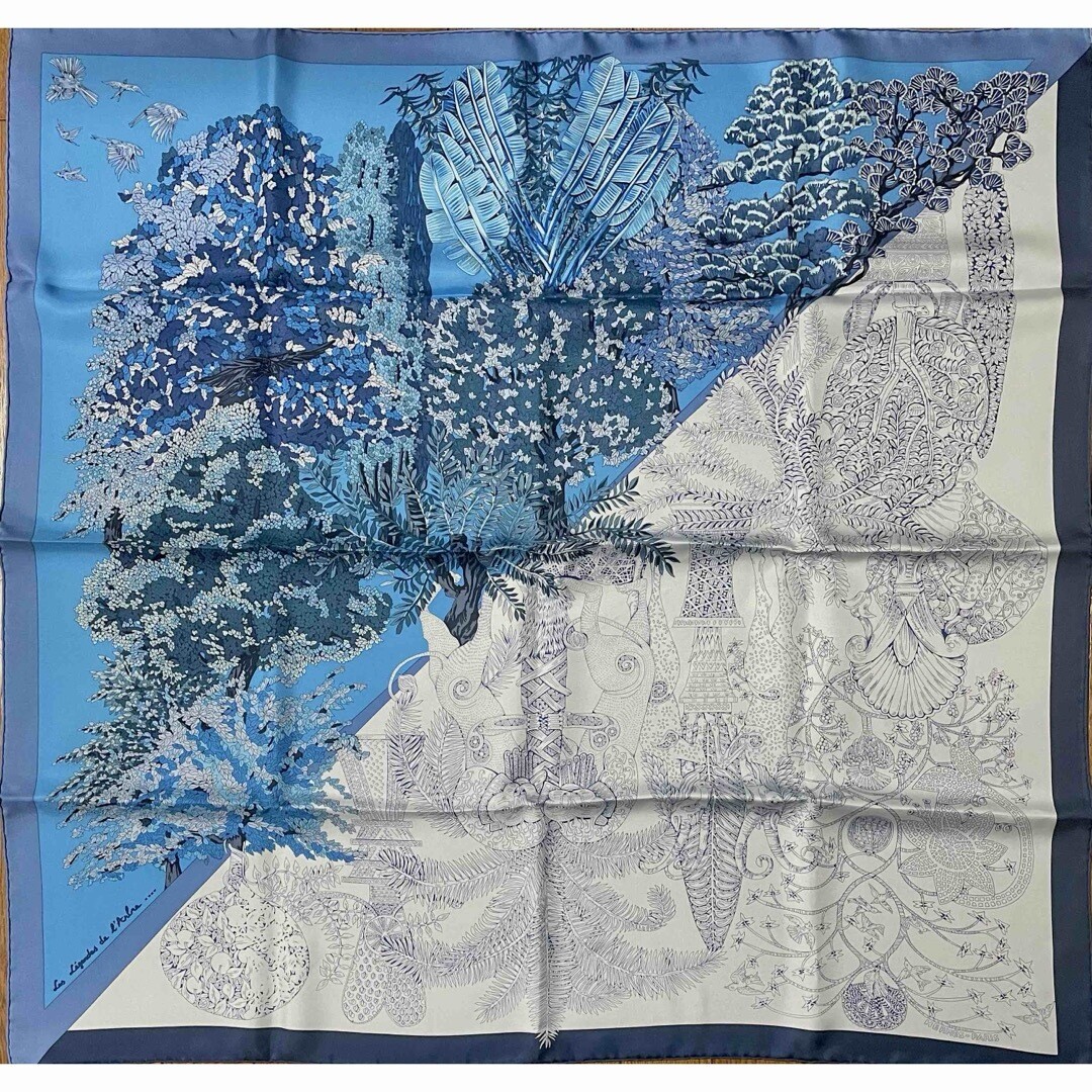 極美品△正規品 HERMES エルメス ヴィンテージ Les Legendes de L'Arbre 木の伝説 シルク100％ 長袖 シャツ マルチカラー 40 フランス製 Hermes Scarf Les legendes de l'Arbre Coloriage Silk 90 cm blue