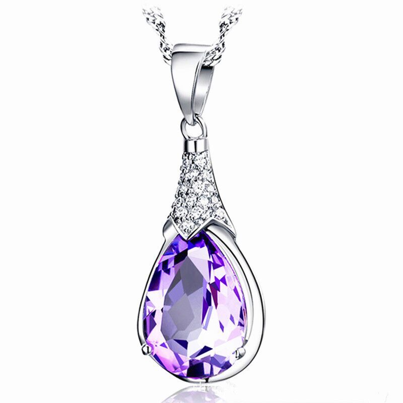 Crystal Water Drop Pendant Chain Necklace 925 Sterling Silver Women