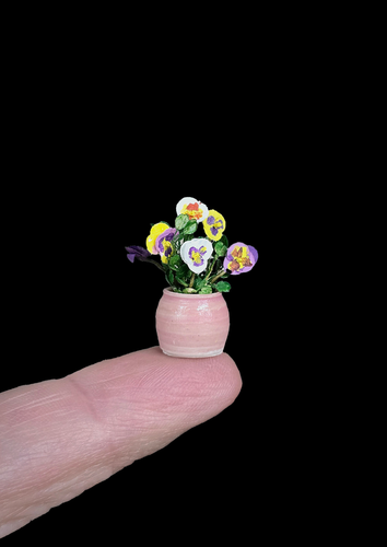 Dollhouse Miniature Pink Painted Pot of Paper Pansies Flowers Plant Artisan 1:12