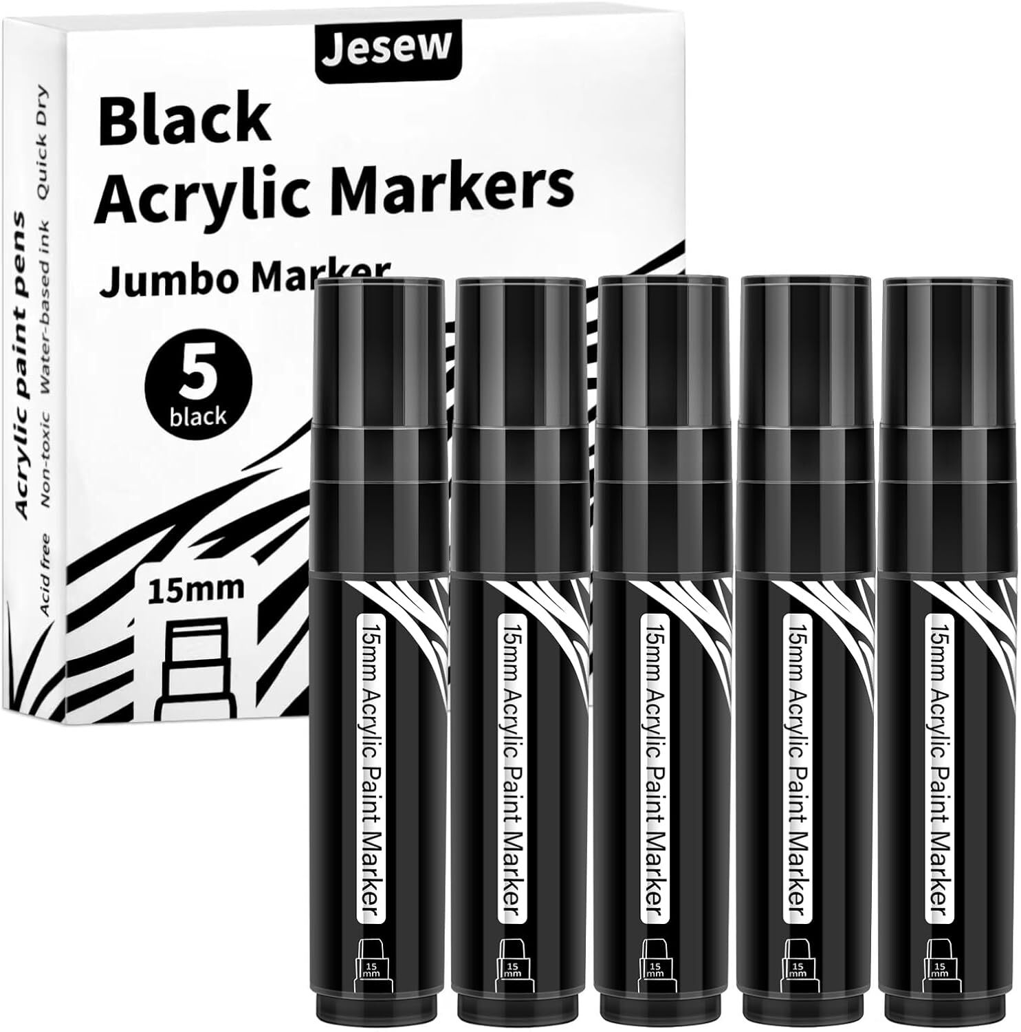 5 Jumbo Black Permanent Markers with 15mm Wide Tip for Posters