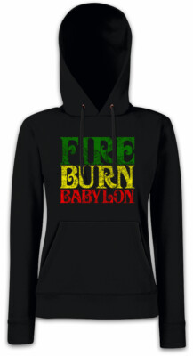 Fire Burn Babylon Damen Hoodie Kapuzenpullover Rasta Reggae Jamaika Rastafari