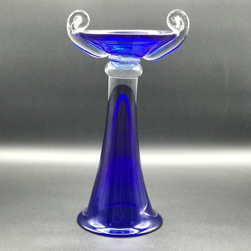 Hand Blown Cobalt Blue Compote Candle Holder Tapered Hollow Base Ring Collars - Picture 2 of 13