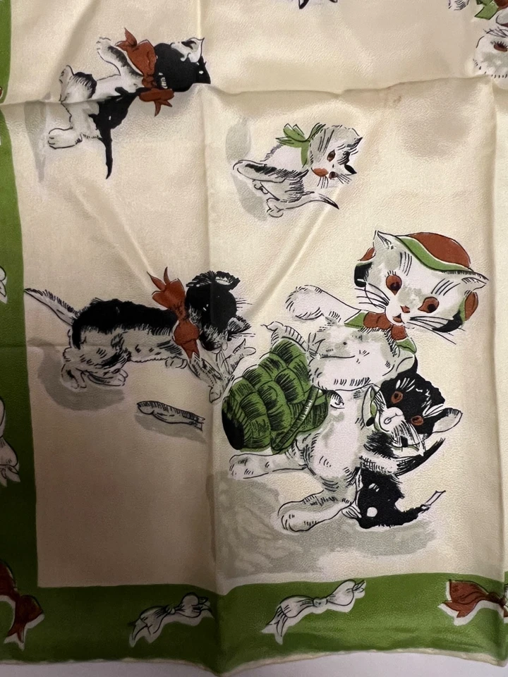 2 Винтажный Kitty Cat печати шарф шарфы Вера шелк коричневый вискоза зеленый белый Японии - Изображение 3 из 4