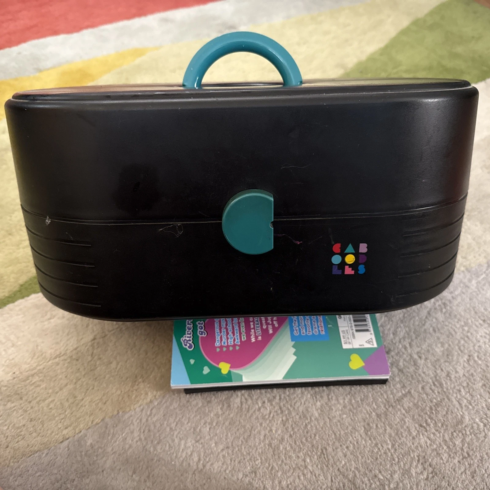 Vintage Caboodles 2650 Black Teal Makeup Case Organizer w/ Mirror Tackle Box