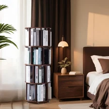 Solid Wood 4 Tier Rotating Bookshelf on Wheels, 360° Degree Display Round Flo...