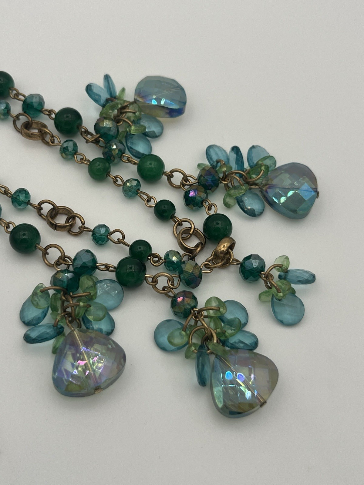 Teal Green Iridescent Beaded Statement Necklace Multi Strand Boho Gold Tone - second product detail image