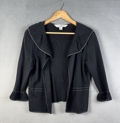 Ming Wang Cardigan Jacket Open 3/4 Sleeves Black Ruffle Career Rhinestone Small