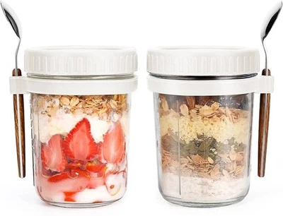 BRANDED Overnight Oats Jars with Spoon and Lid, 16 Oz, 2 Pack