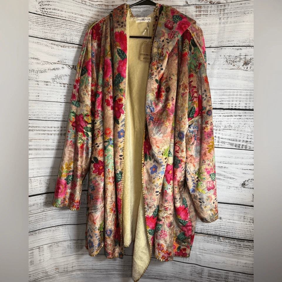 Natural Life Kimono Mujer Talla L/XL Acogedora Manta Vintage Patchwork Taupe Ditsy Foto 3 de 4