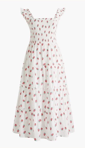 J.Crew, Jcrew Sz XXS Smocked tiered midi Ruffle Sleeve dress White Strawberries