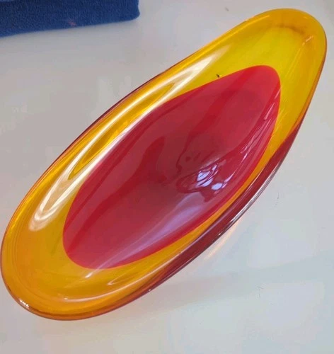 Vintage SOMMERSO Murano Art Glass  Bowl FLAVIO POLI        ITALY 2 Reds  Yellow