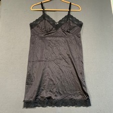 Vintage Black Satin Lace Trim Full Slip Midi Chemise Nightgown Adjustable USA