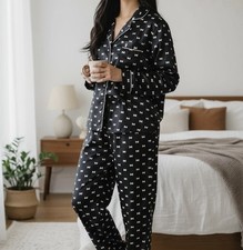 kate spade new york Dream a Little Dream Pajama Set Bow Print Black Pink Size L