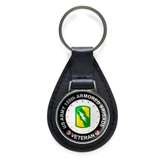 US Army 155th Armored Brigade Veteran Black Leather Keychain Silver Keyring