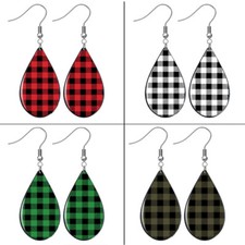 Stylish Buffalo Plaid Teardrop Earrings Dangle Drop Style 4 Colors Sterling Wire