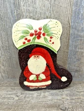 Hand Painted Santa Wood Decorative Plaque Stocking Shaped 