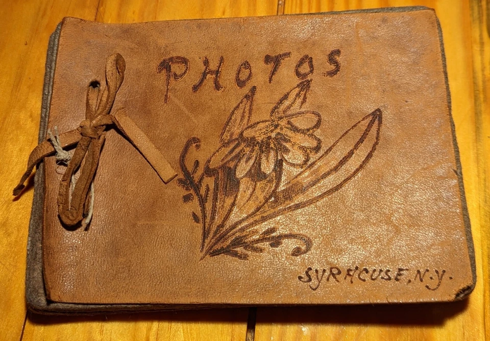 Vintage antique Syracuse NY leather photo album tooled leather with pictures - Image 2 of 4