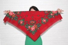 Red Floral Scarf Vintage Wool Shawl Kerchief Ukrainian Hustka Traditional Chale
