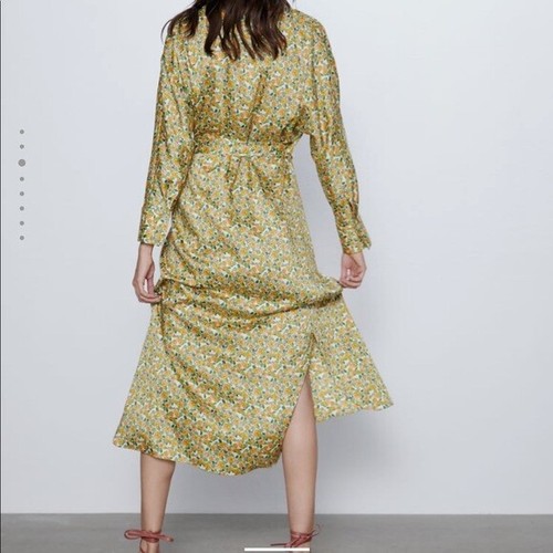 ZARA NUOVO $89 RASO ANNODATO AVVOLGENTE CAMICIA ABITO STAMPA FLOREALE VERDE | VESTIBILITÀ S - M - Foto 6 di 12