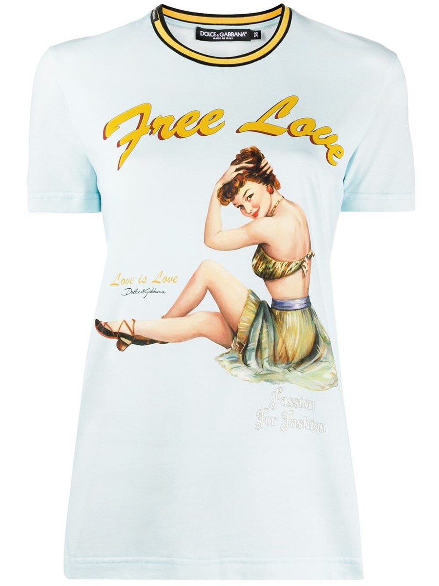 DOLCE&GABBANA 絵画プリント カラフル Tシャツ DOLCE & GABBANA Blue Pin-Up Free Love Printed T-shirt Sz 44