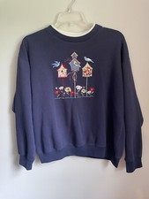 Women BOLO SPIRIT Navy Blue bird house sweatshirt Medium vintage embroidered top