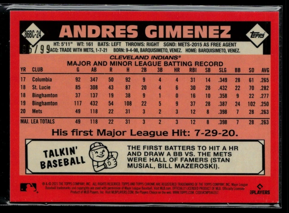 2021 Topps Chrome '86 Topps Green Refr. #86BC-24 Andres Gimenez RC 95/99 - Image 2 of 2