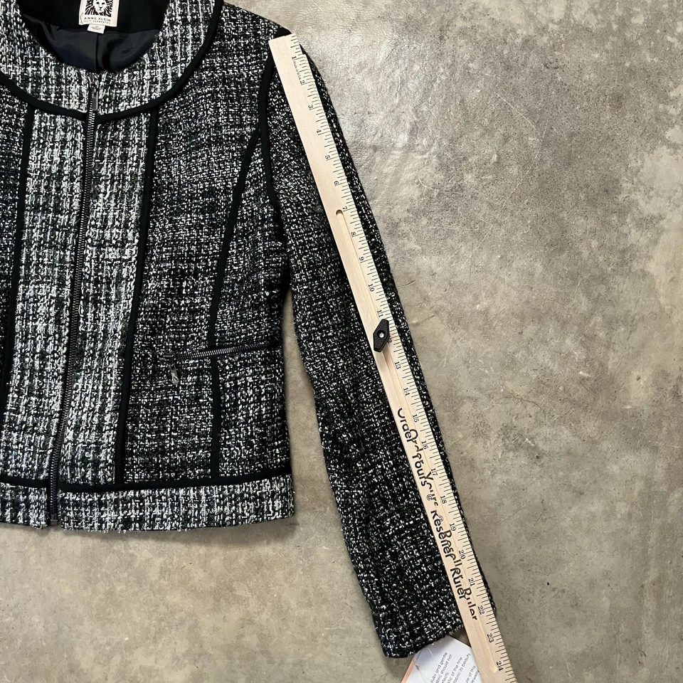 Blazer Anne Klein Mujer 2 Petite Cremallera Tweed Plateado Negro Brillante Chaqueta Oficina Foto 2 de 4