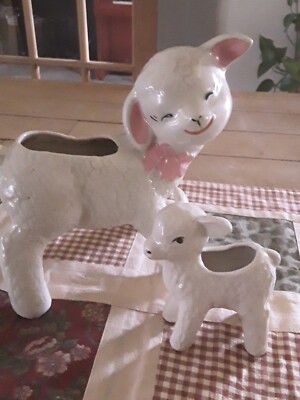 Two Sweet Vintage Lamb Planters Medium & Small Size Spring Easter