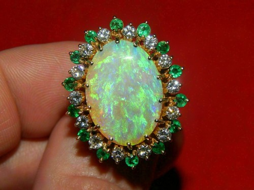 4CT Oval Cut Halo Fire Opal & Green Emerald Engagement Ring 14k Yellow Gold Over - Picture 2 of 6