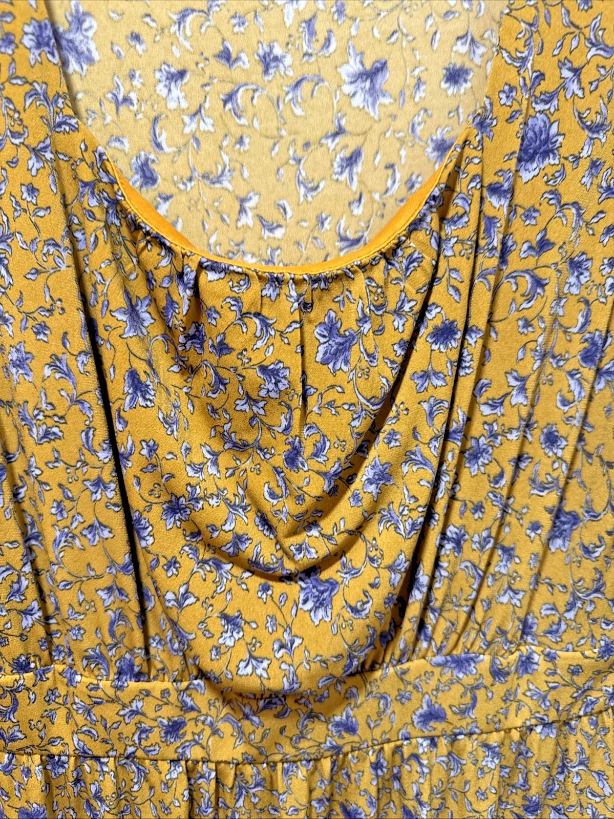 VETEMENTS Gilli Vestito Donna Taglia Large Giallo Oro Blu Floreale Maniche 3 4 Midi