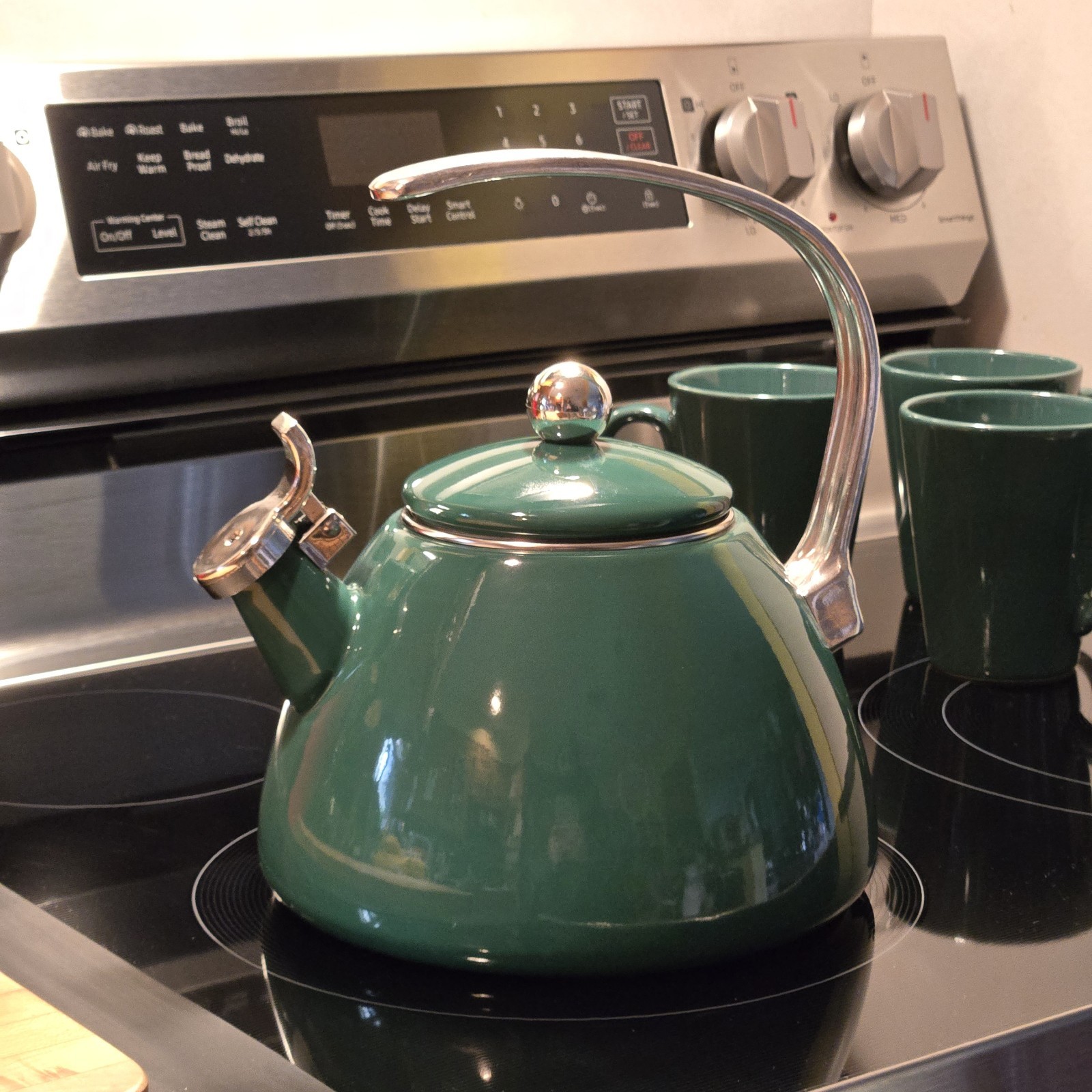 Kettle With 4 Mugs Set Emerald Green Enamel 2.75 Qt
