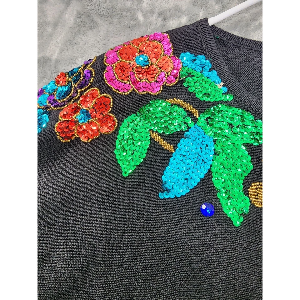 全新 复古 Fitting Image 亮片串珠圆领毛衣 尺寸 14/16 黑色 Ramie — 第 2/4 张图片