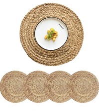 Round Woven Placemats Set of 4, Natural Water Hyacinth Placemats, 13.5" Rattan