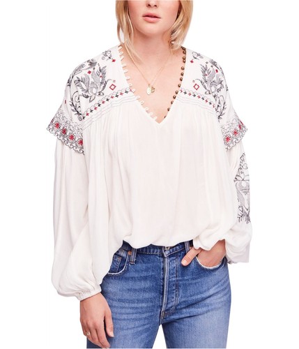 Free People Womens Embroidered V Neck Pullover Blouse, Off-White, Small