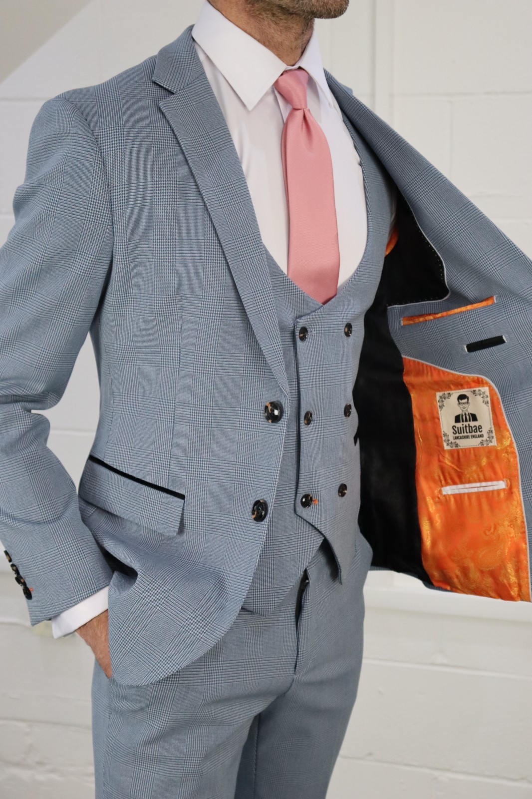 Mens Suit Sky Light Blue Check Three 3 Piece Wedding Groom Races STRETCH FIT 3PC