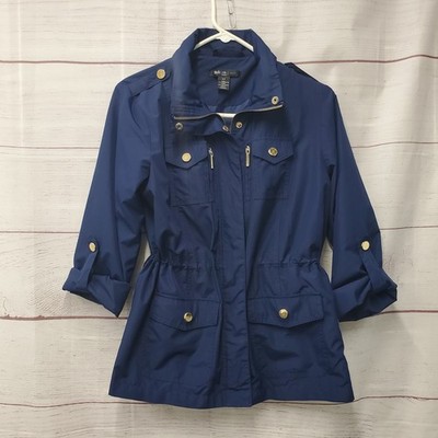 Style & Co Navy Blue Tuck Zip Hooded Windbreaker Petite Size PP Anorak Jacket