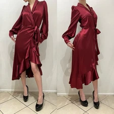 Lush Ruffled Satin Wrap Dress Zimmerman Inspired Long Robe Size S quiet luxury