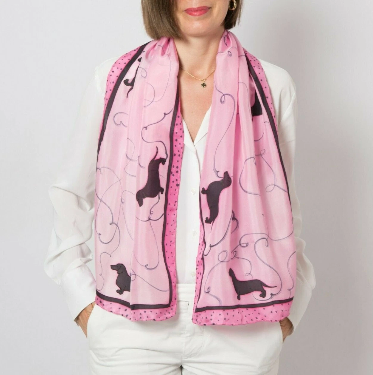 Hand Painted Pure Silk Scarf Dachshund Print Light Pink Scarf Dog Scarf Mom Gift