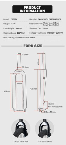 TOSEEK 26-29er Mtb Bicycle Cabon Fiber Fork Mountain Bike Tapered Rigid Forks - Picture 3 of 19