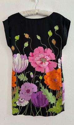 Trina Turk Kleid Damen 100% Seide Blumen gefüttert Umschlagärmel kurz Größe 2