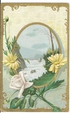 Vintage Embossed postcard - Landscape with Waterfall and Flowers (1916) #10958