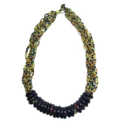 Translucent Green 16-Strand with Chrome Glass Bead Necklace Wood Decorative Ring