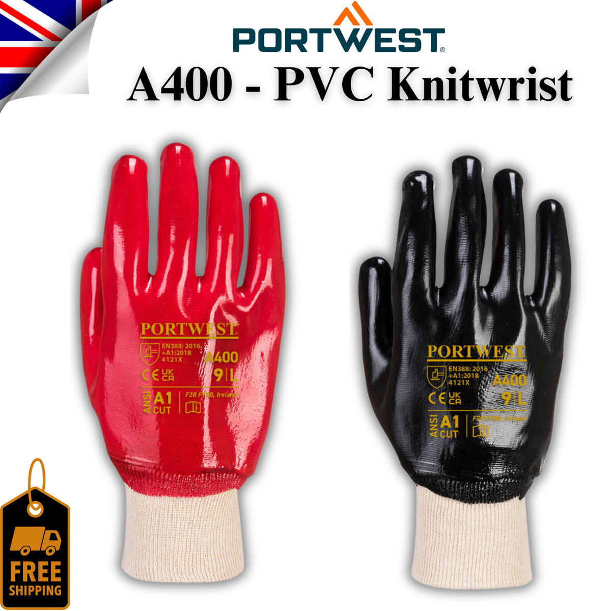 Portwest PVC Knitwrist Gloves Waterproof Fully Coated Work