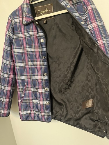 Coach Quilted Navy Blue & Purple Plaid Print Long Sleeve Snap Front Jacket Sz XS - Picture 8 of 13